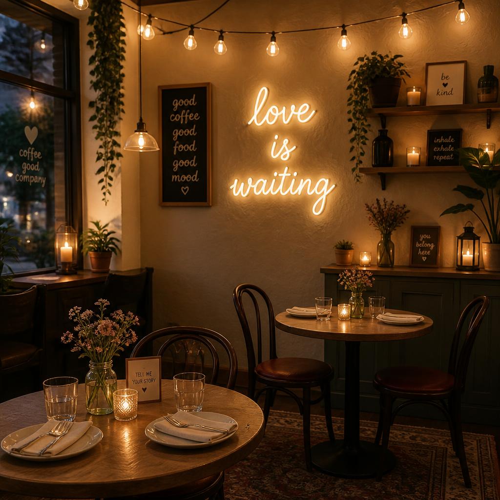 A cozy cafe interior with warm string lights and a sign reading love is waiting, empty tables set for two